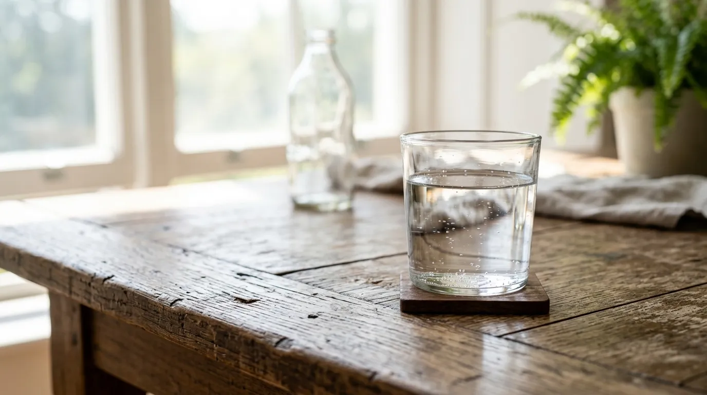 Glass water bottle on a lit table, with lemon slices and mint leaves beside it