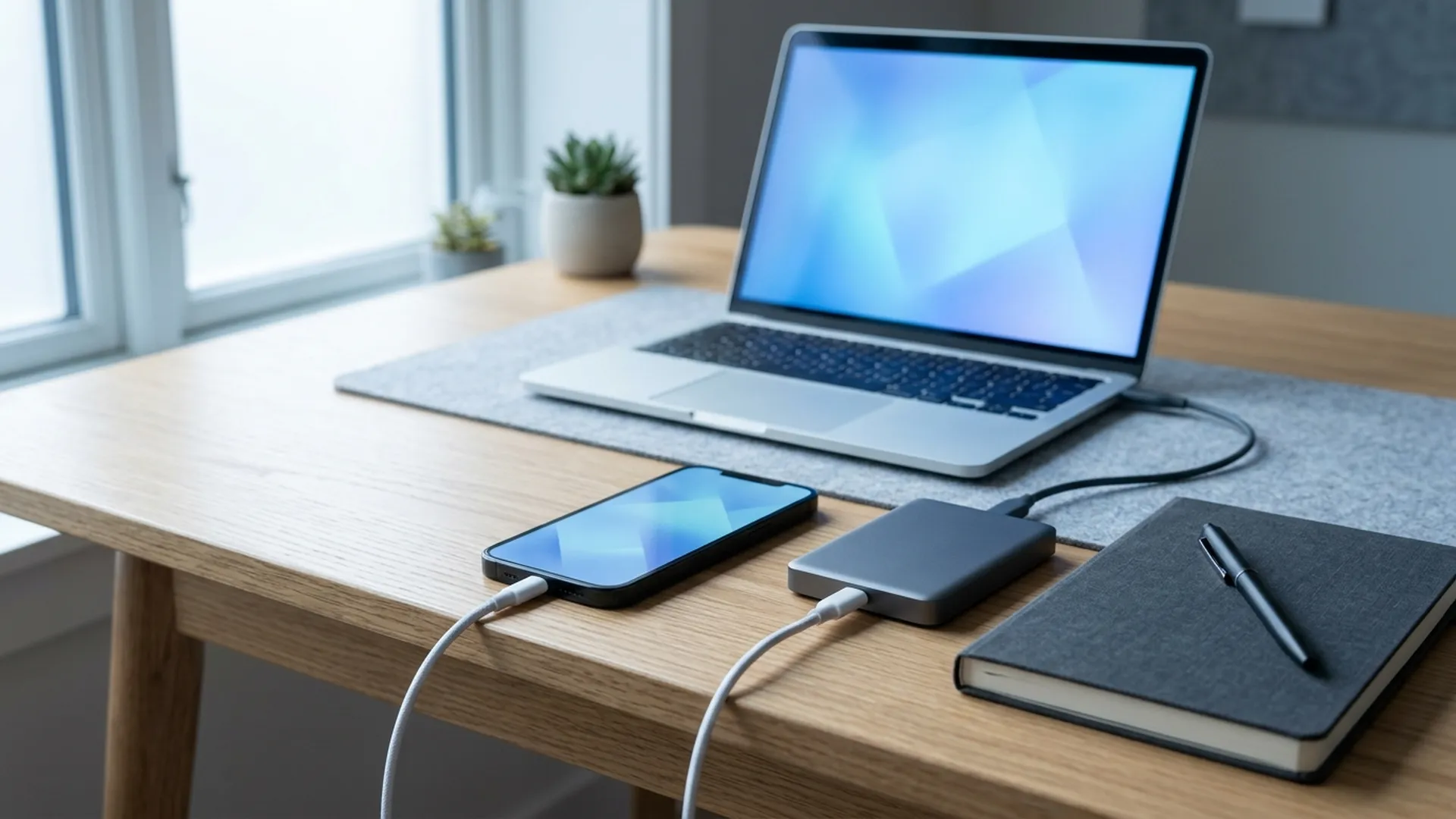 Phone connected by cable to a laptop and an external drive on a desk, ready for backup