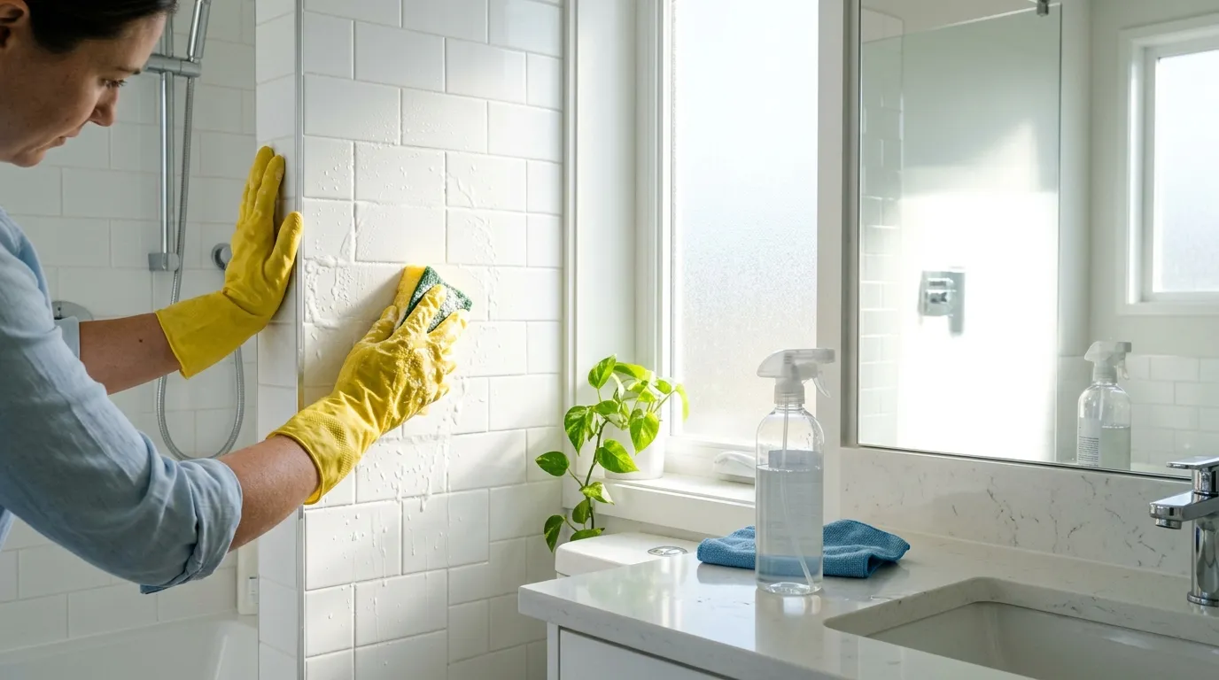 A person in rubber gloves cleaning the shower box and bathroom fixtures with a brush and sponge