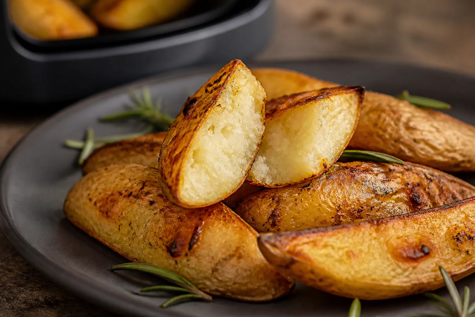 Close-up of the golden crust and fluffy interior of air fryer potato wedges with sprigs of rosemary