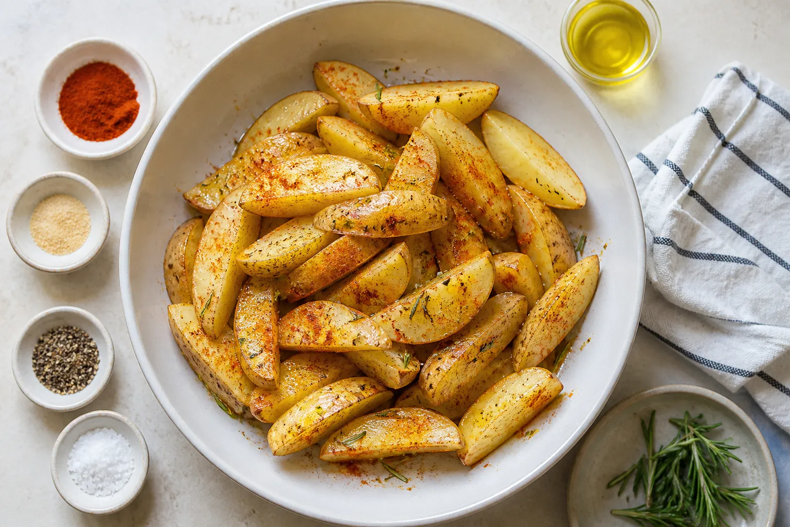 Evenly cut potato wedges coated in oil and spices, with small dishes of paprika, garlic powder, salt and pepper around the bowl
