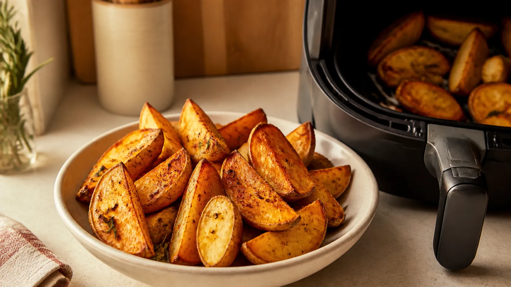 Golden crispy potato wedges served in a rustic bowl with an air fryer in the background