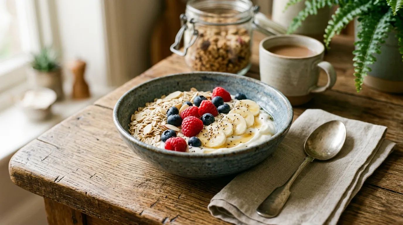 A breakfast table with scrambled eggs, whole-grain bread, yogurt with fruit and a handful of nuts