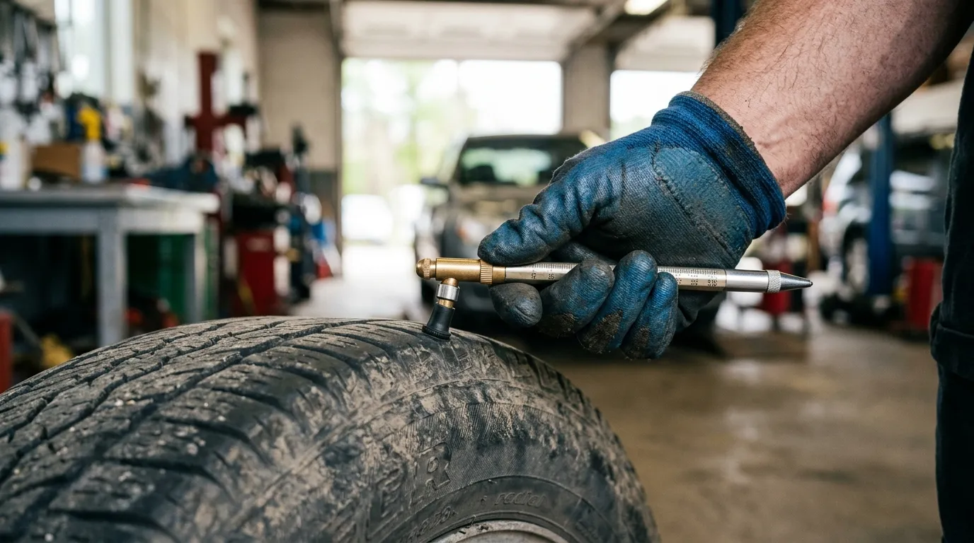 Person using a tire pressure gauge to check the pressure on a car tire