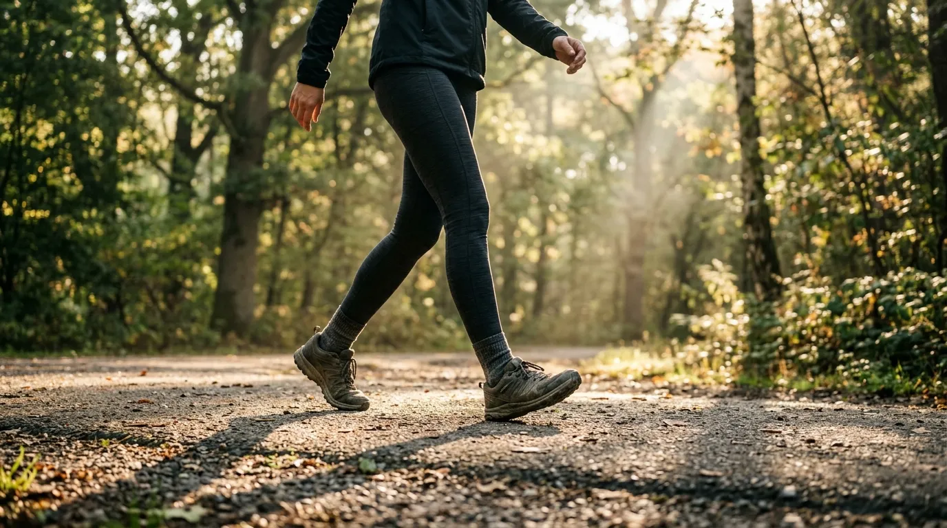 Person walking along a tree-lined sidewalk in the early morning