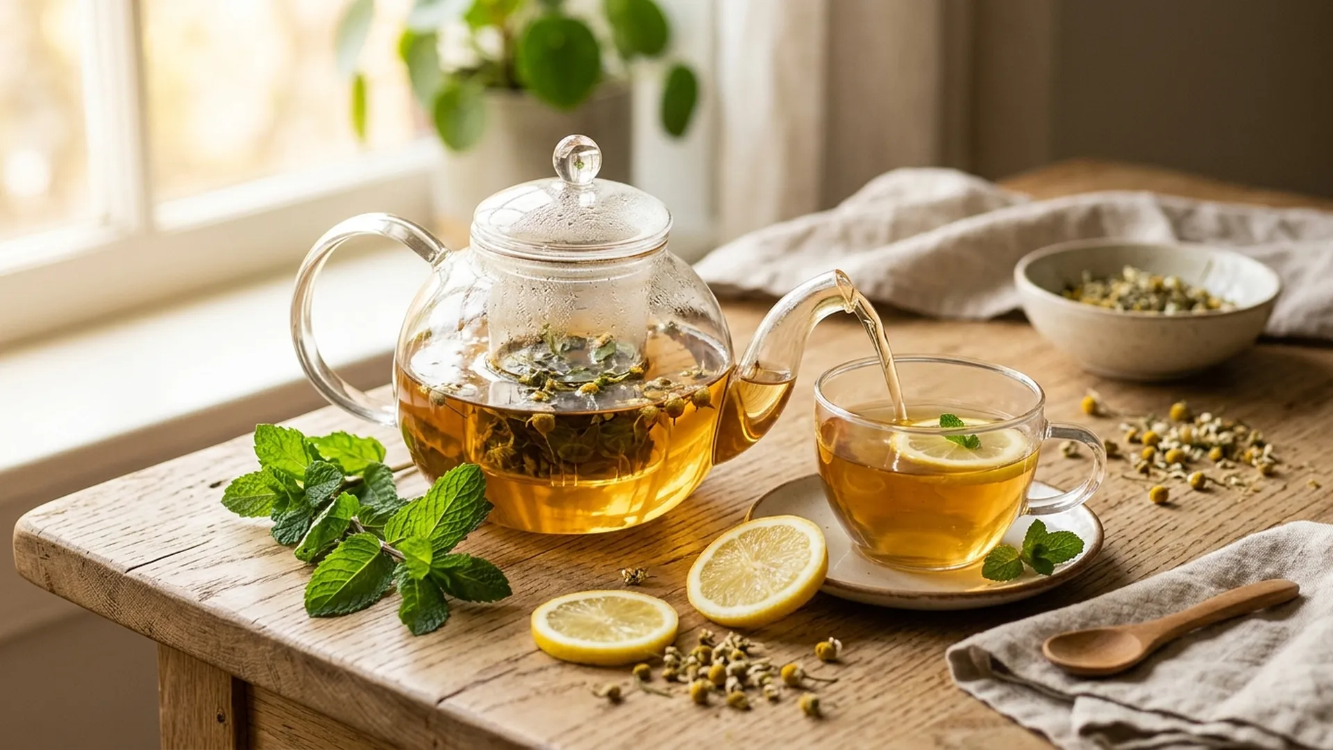 Glass teapot and herbal tea cup with mint and chamomile on a wooden table