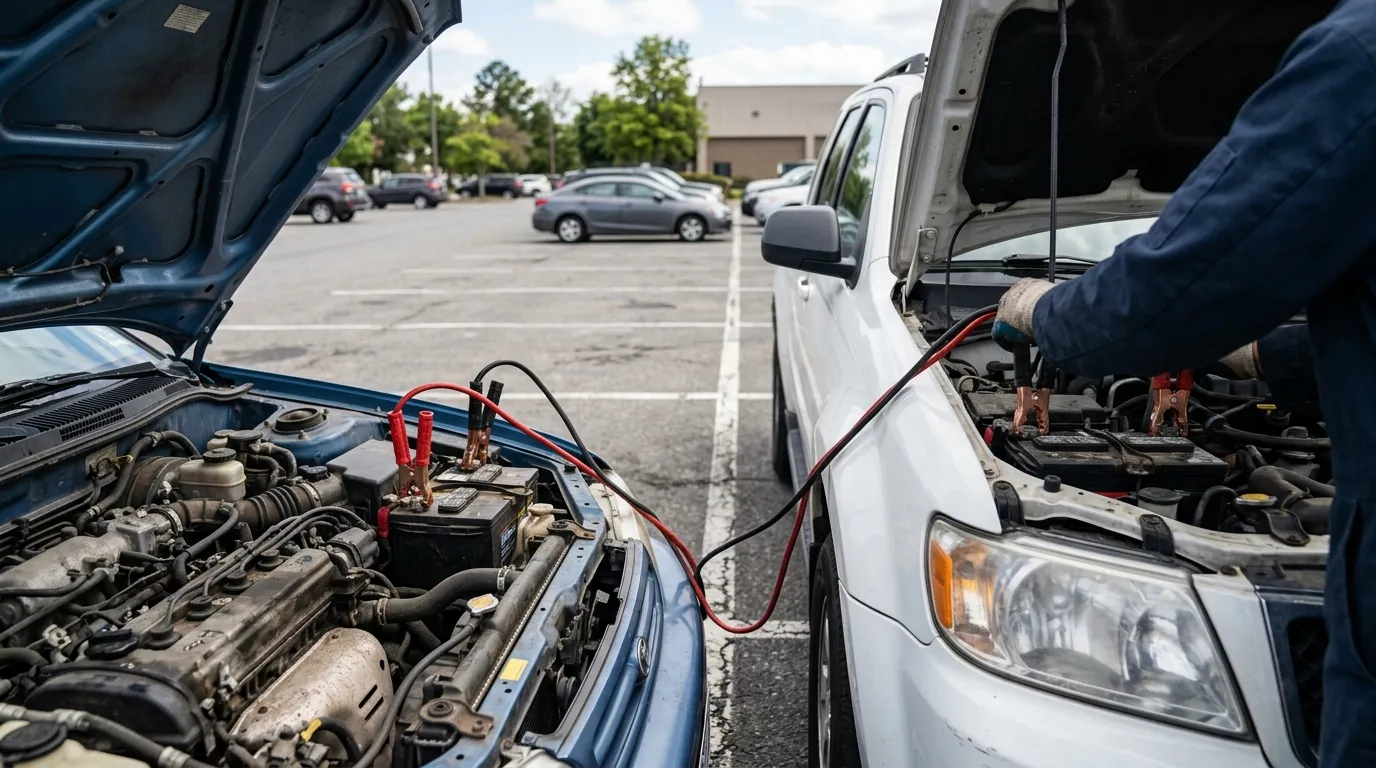 Jumper cables connected between two parked cars with their hoods open