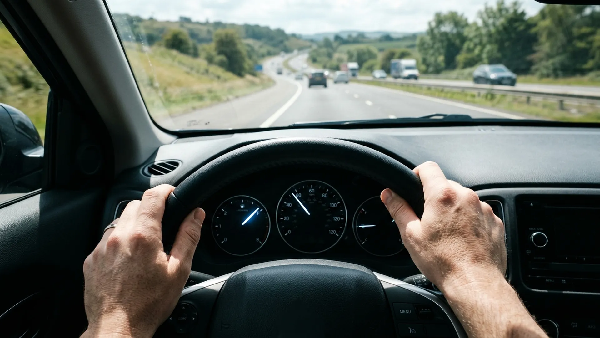 View from inside a moving car with the driver's hands on the steering wheel and the instrument panel ahead