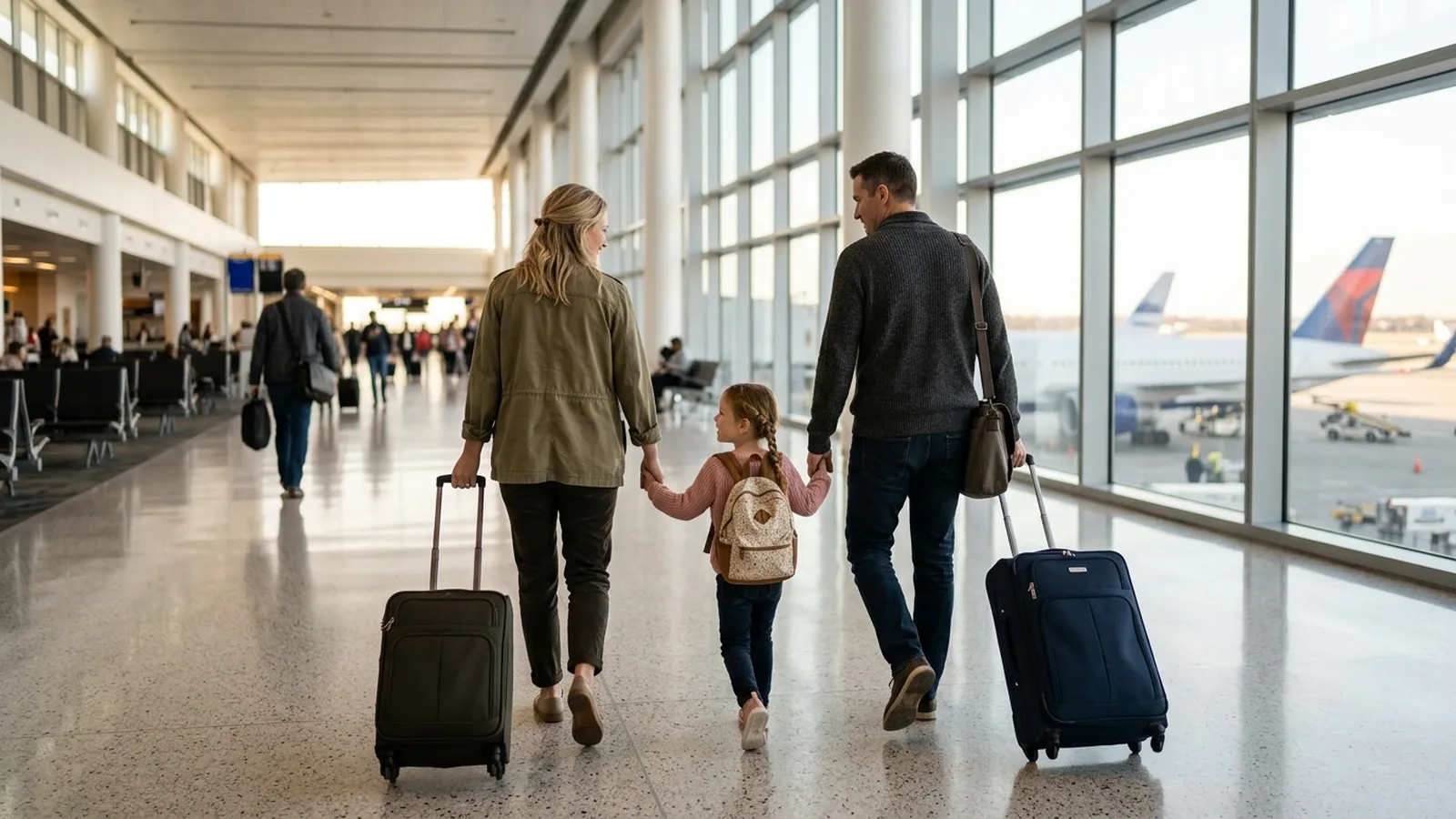 Family with children organizing small backpacks before a trip