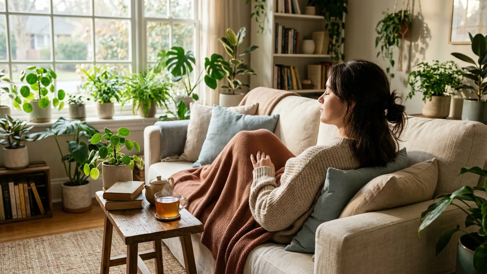 Person sitting by a window breathing slowly while holding a mug