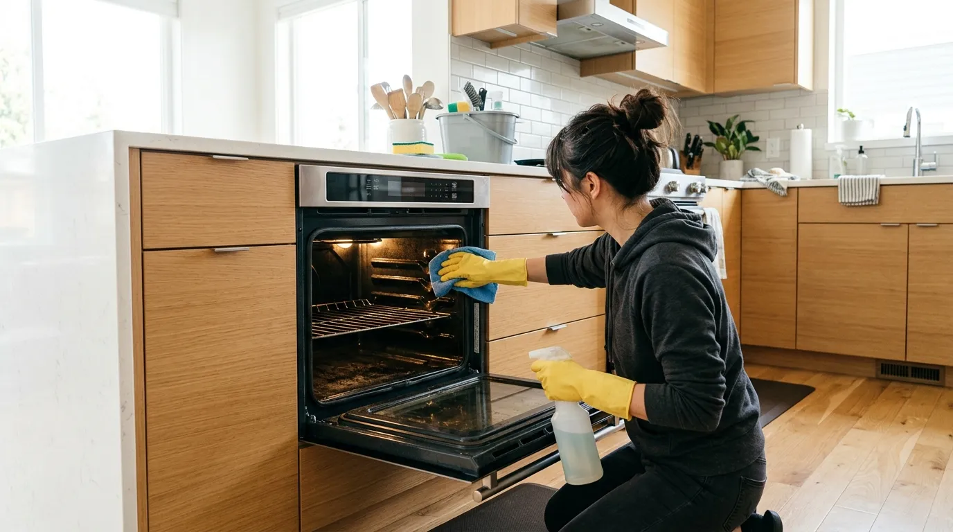 Open oven with a clean glass door, clean rack and tray, and a bowl of baking soda paste next to it