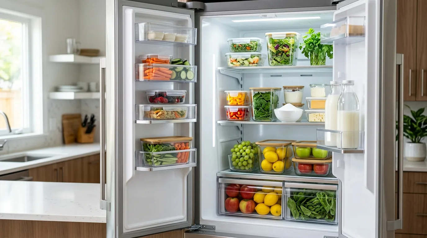 A clean, organized refrigerator with food stored in closed containers