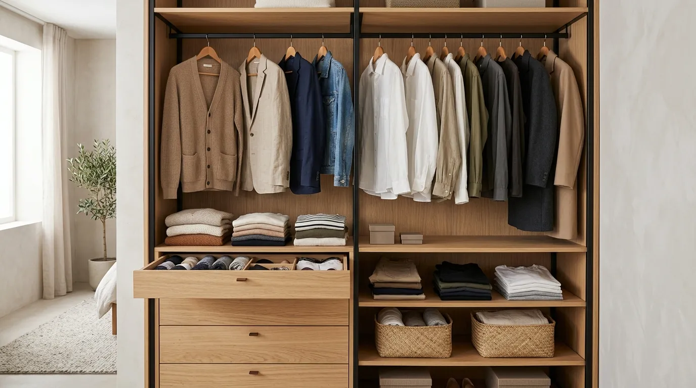 Organized closet with shirts folded in neat stacks, clothes on matching hangers and labeled boxes on the top shelf