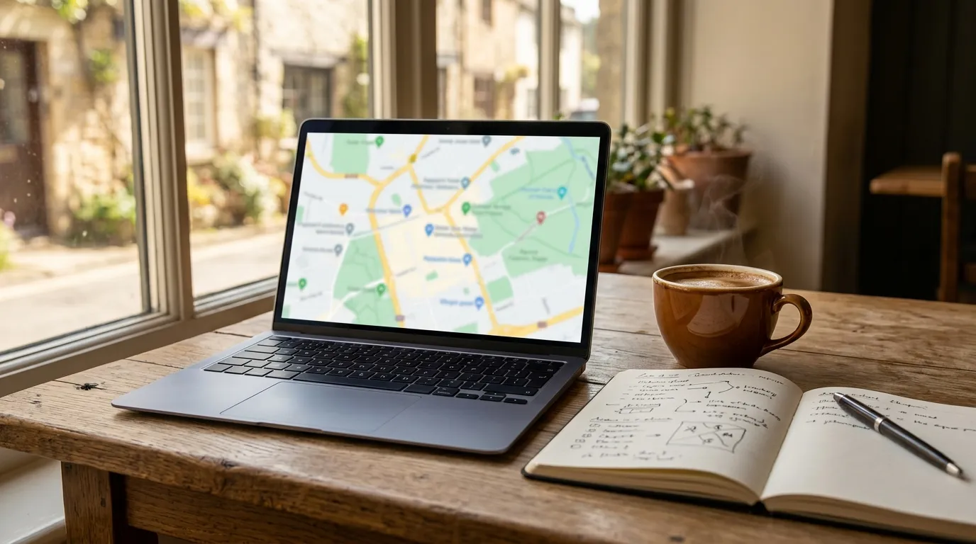 Traveler comparing accommodation options on a computer beside a map and handwritten notes