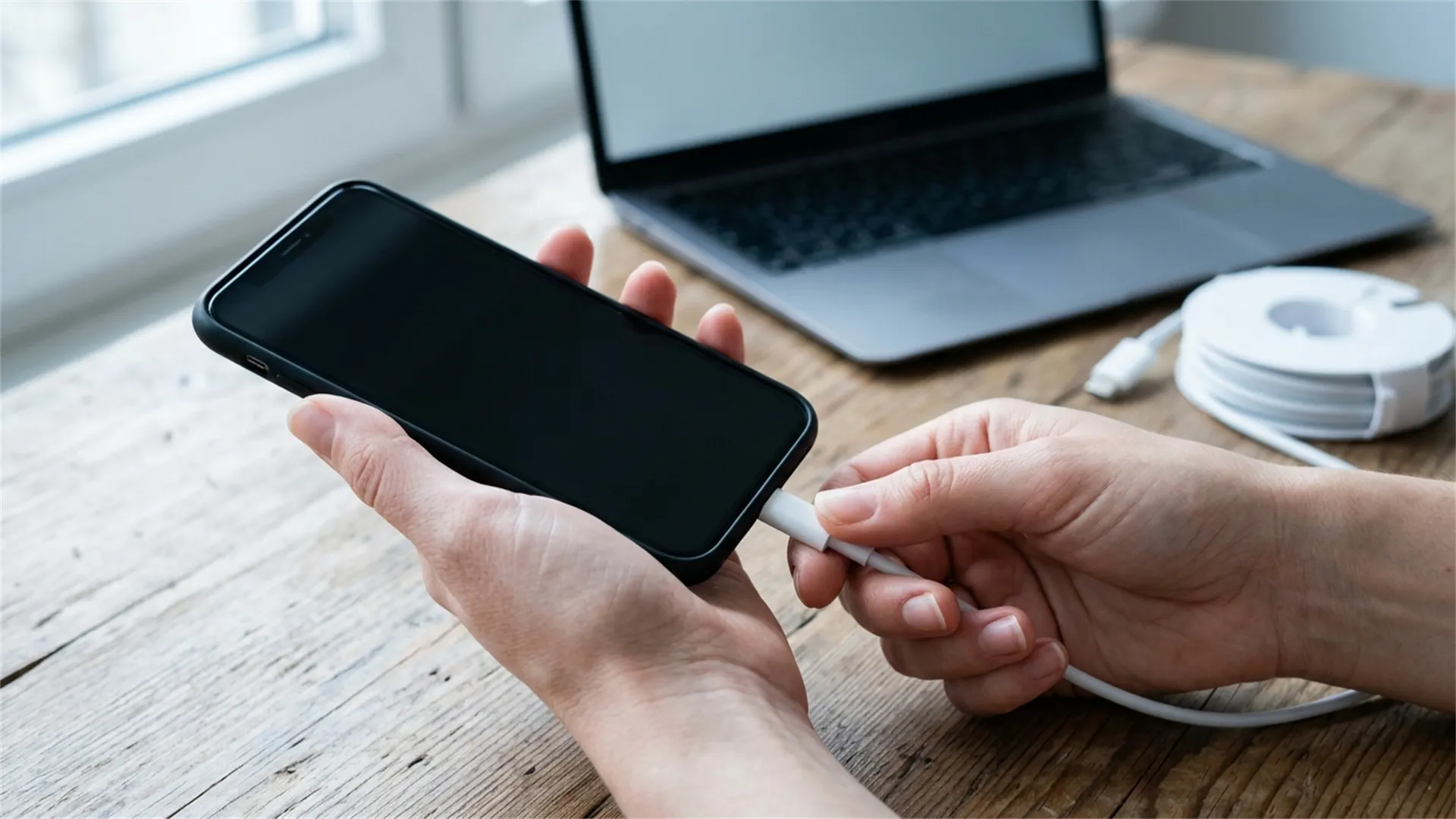 Close-up of a hand plugging a cable into the phone, laptop and drive in the background
