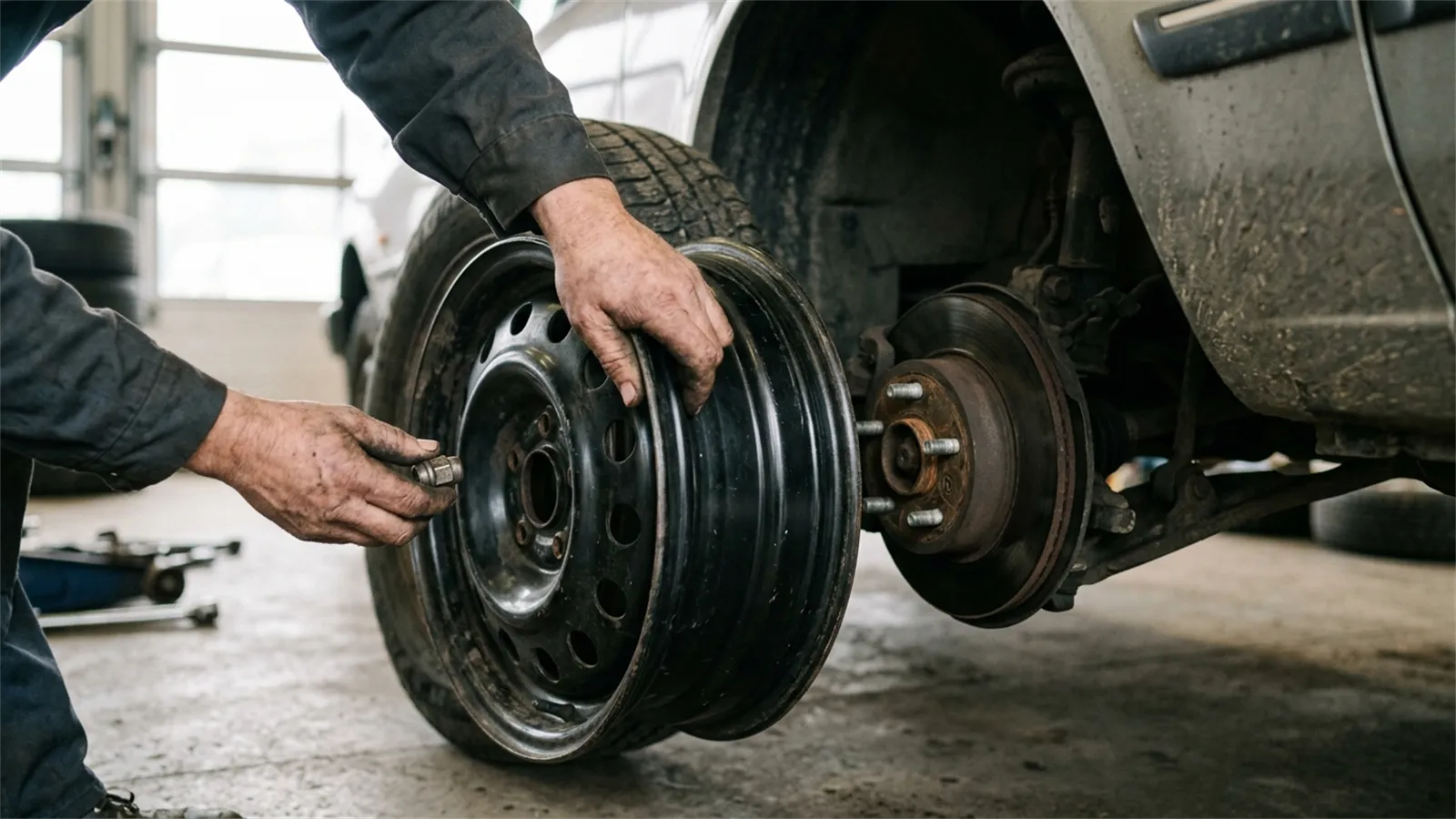 Hands guiding the spare wheel onto the wheel hub