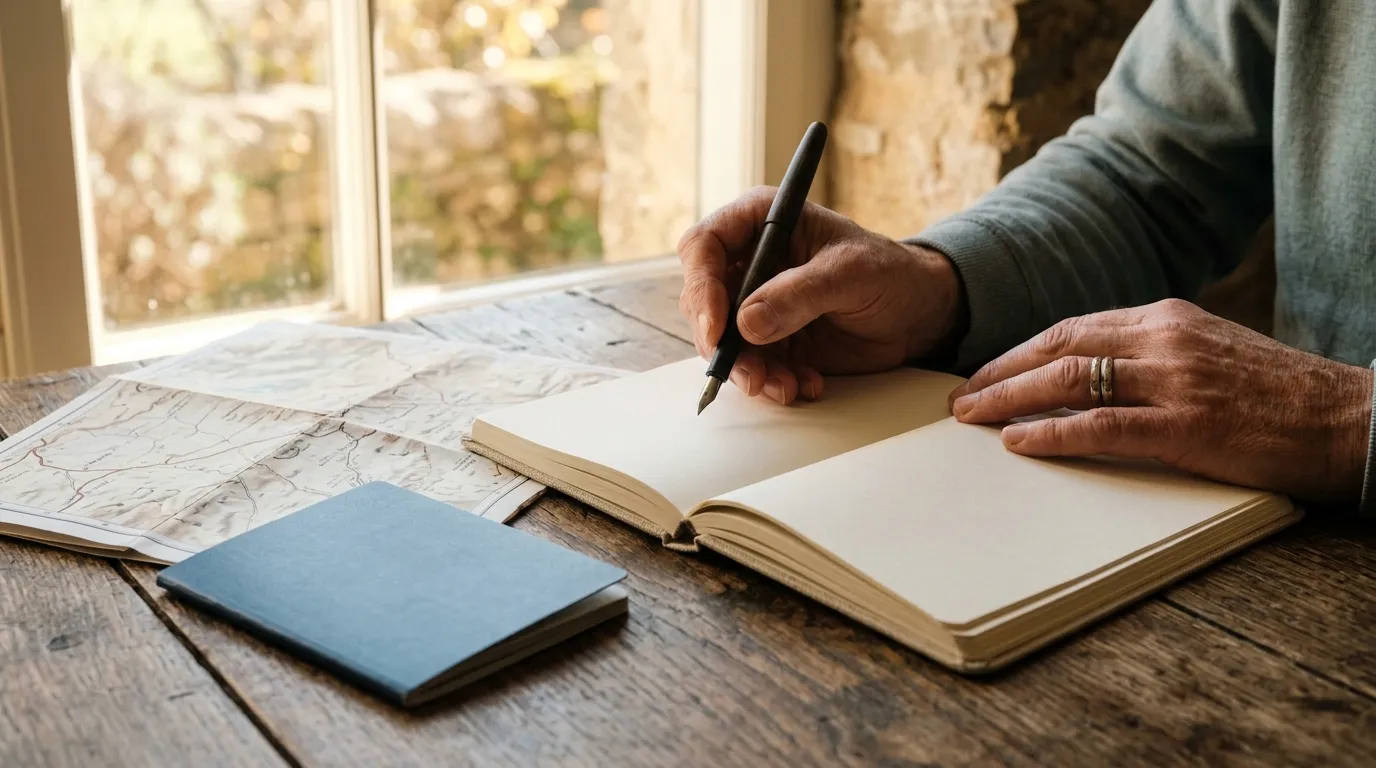 Person writing an itinerary in a notebook beside a passport and a map