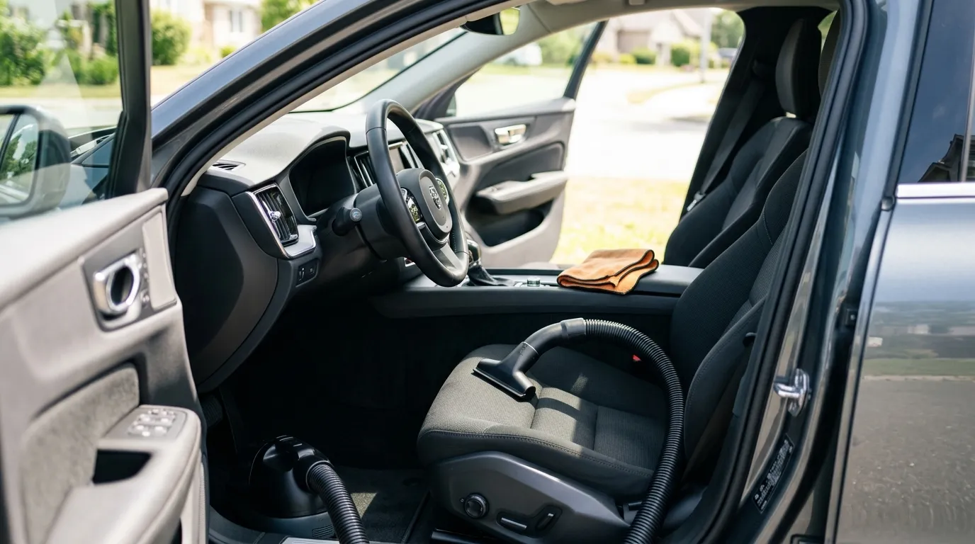 Clean car interior with a matte dashboard and a microfiber cloth resting on the seat