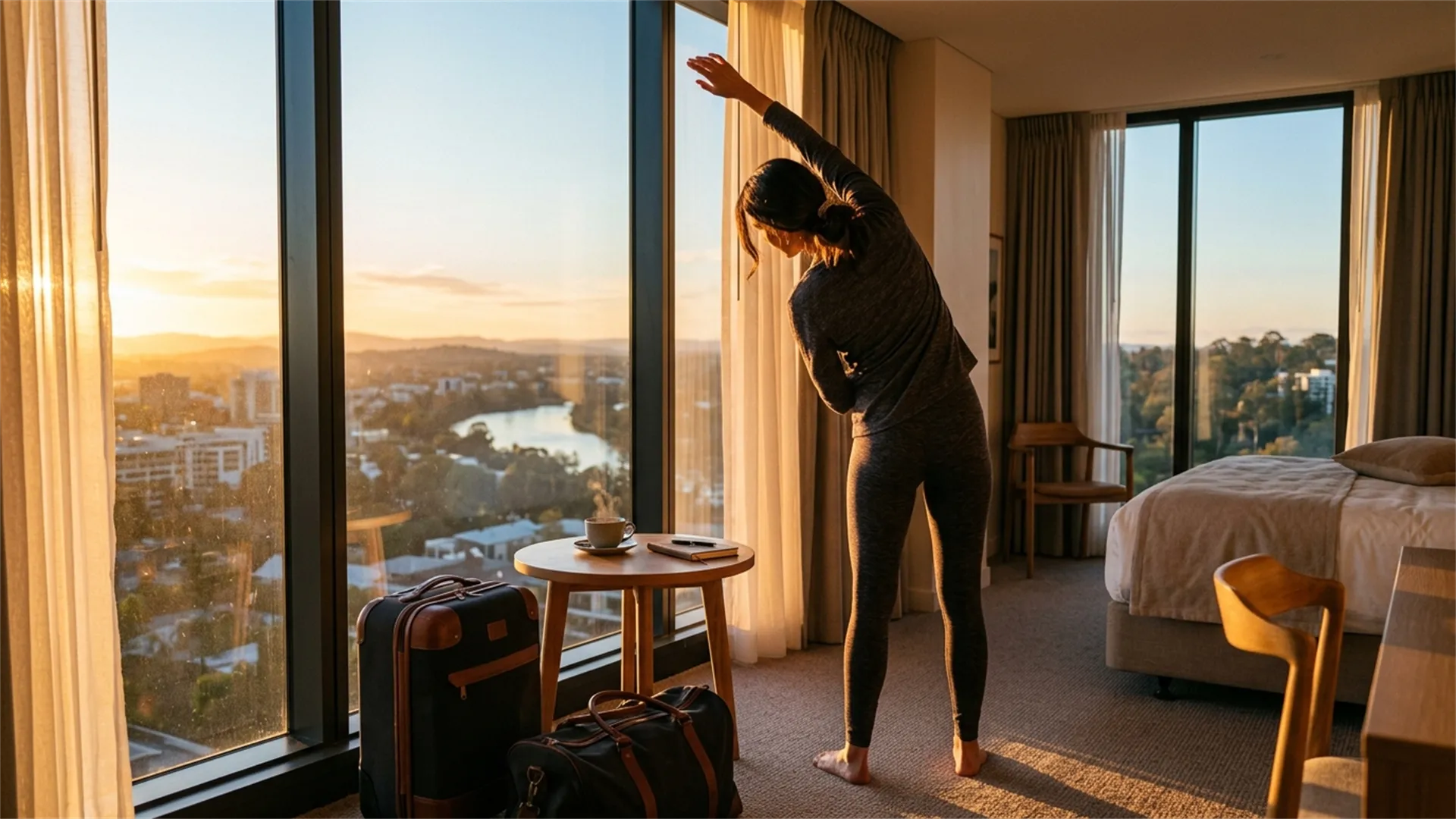 Woman in workout clothes stretching in a hotel room at sunrise, with a panoramic view of a city and a lake through the window and luggage nearby