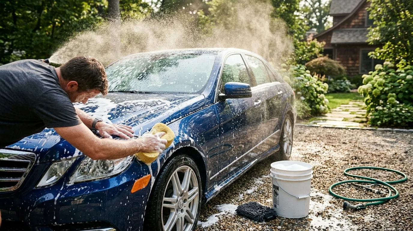 Person washing a light-colored car with foam in a garage, wearing a microfiber wash mitt