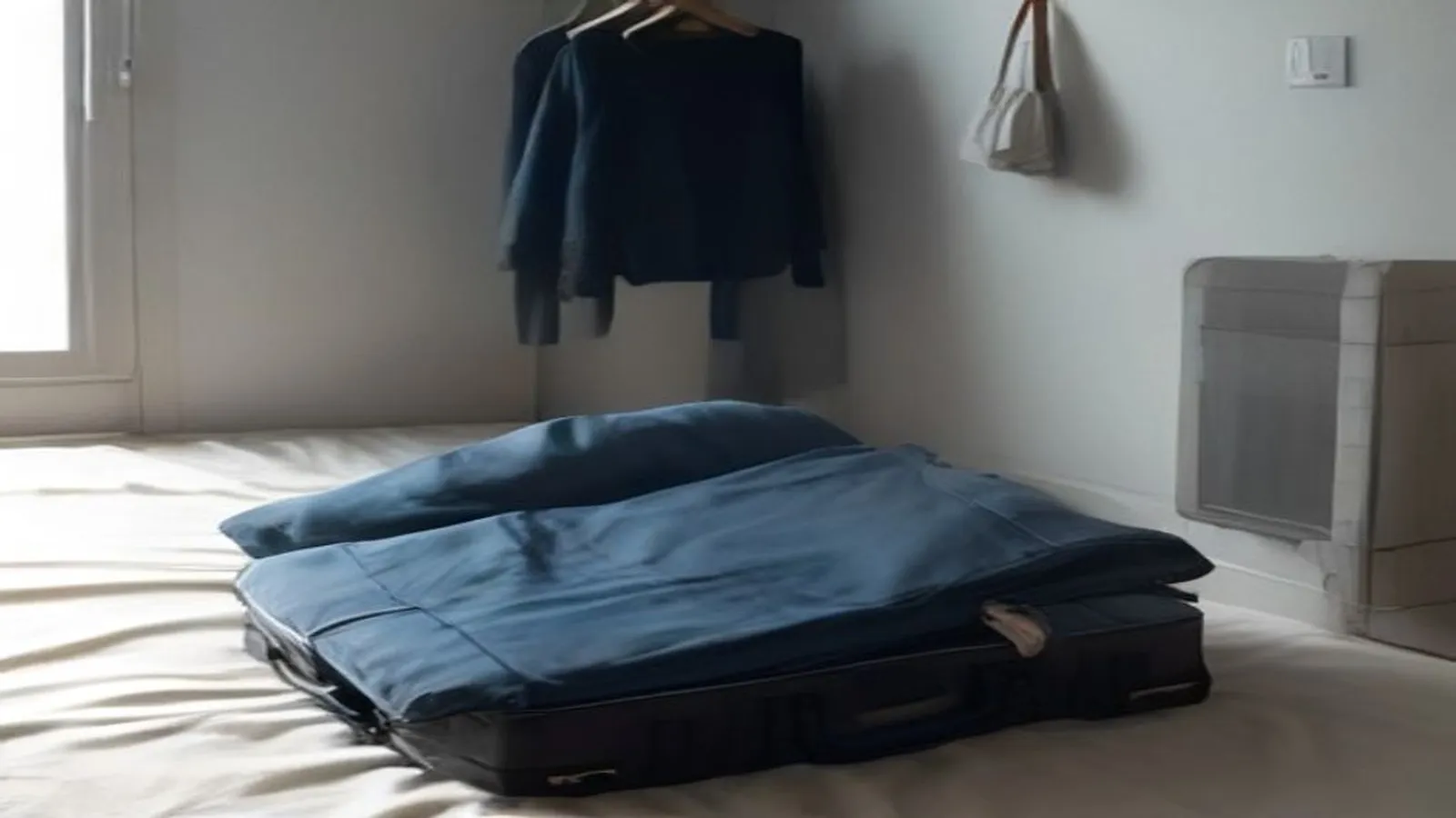 Open suitcase on a bed with rolled clothes, packing cubes, shoes and travel items neatly arranged