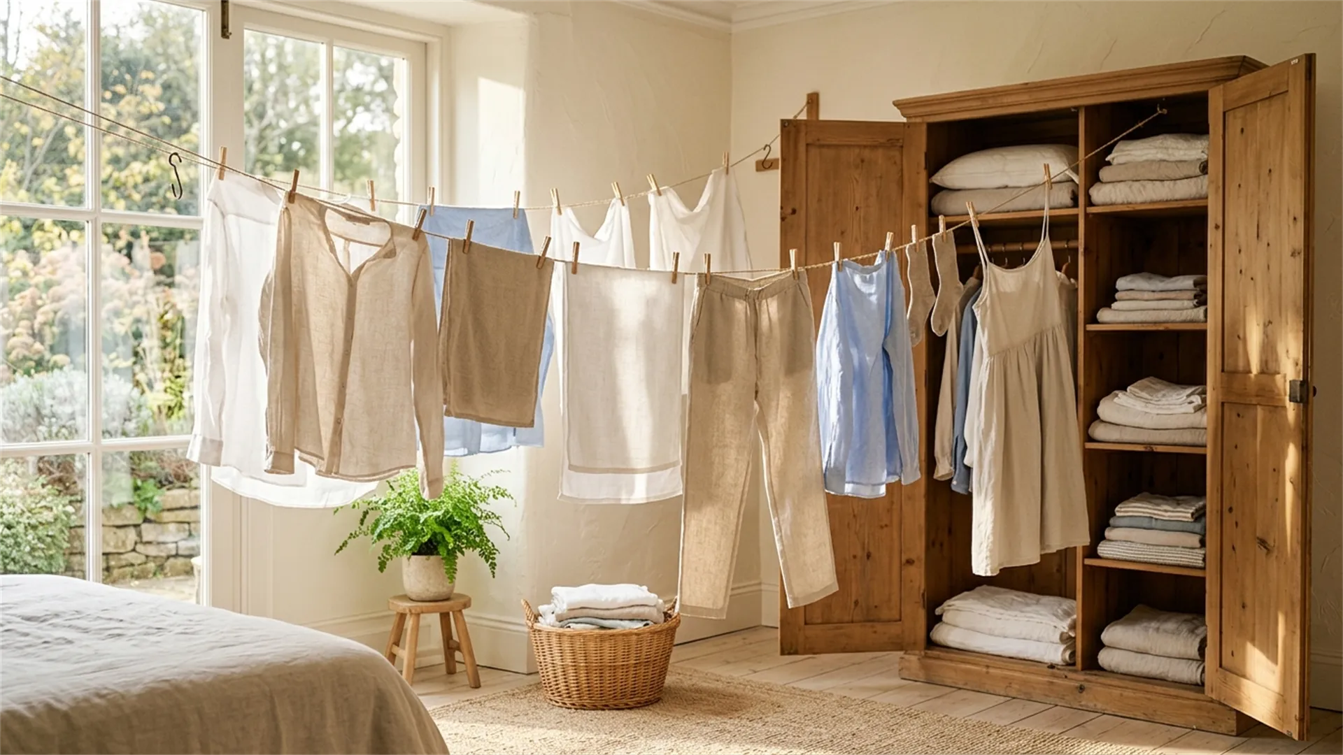 Clothes with a musty smell hung out to air in the sun, with a container of white vinegar and baking soda nearby