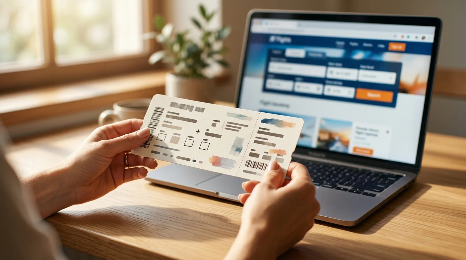 Table with printed flight tickets, a phone showing a flight comparison site and a boarding pass, on the theme of saving on travel