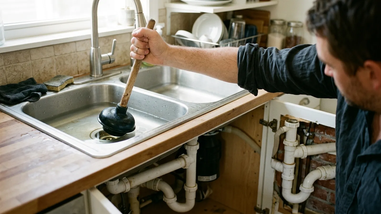 Kitchen sink with water pooling at the bottom and a rubber plunger resting on the rim