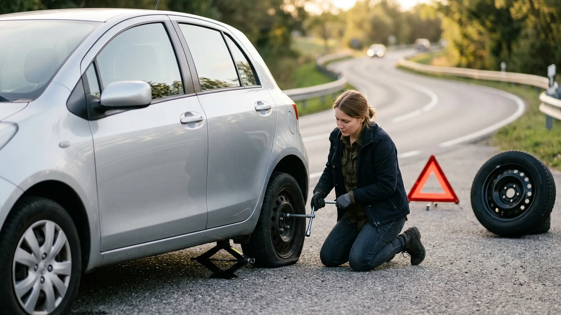 Person changing a flat tire on a roadside shoulder with a warning triangle behind the car