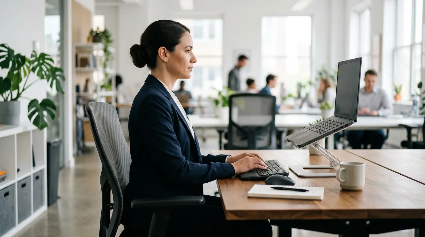 Person sitting at a computer with the screen, arms, back, and feet comfortably supported
