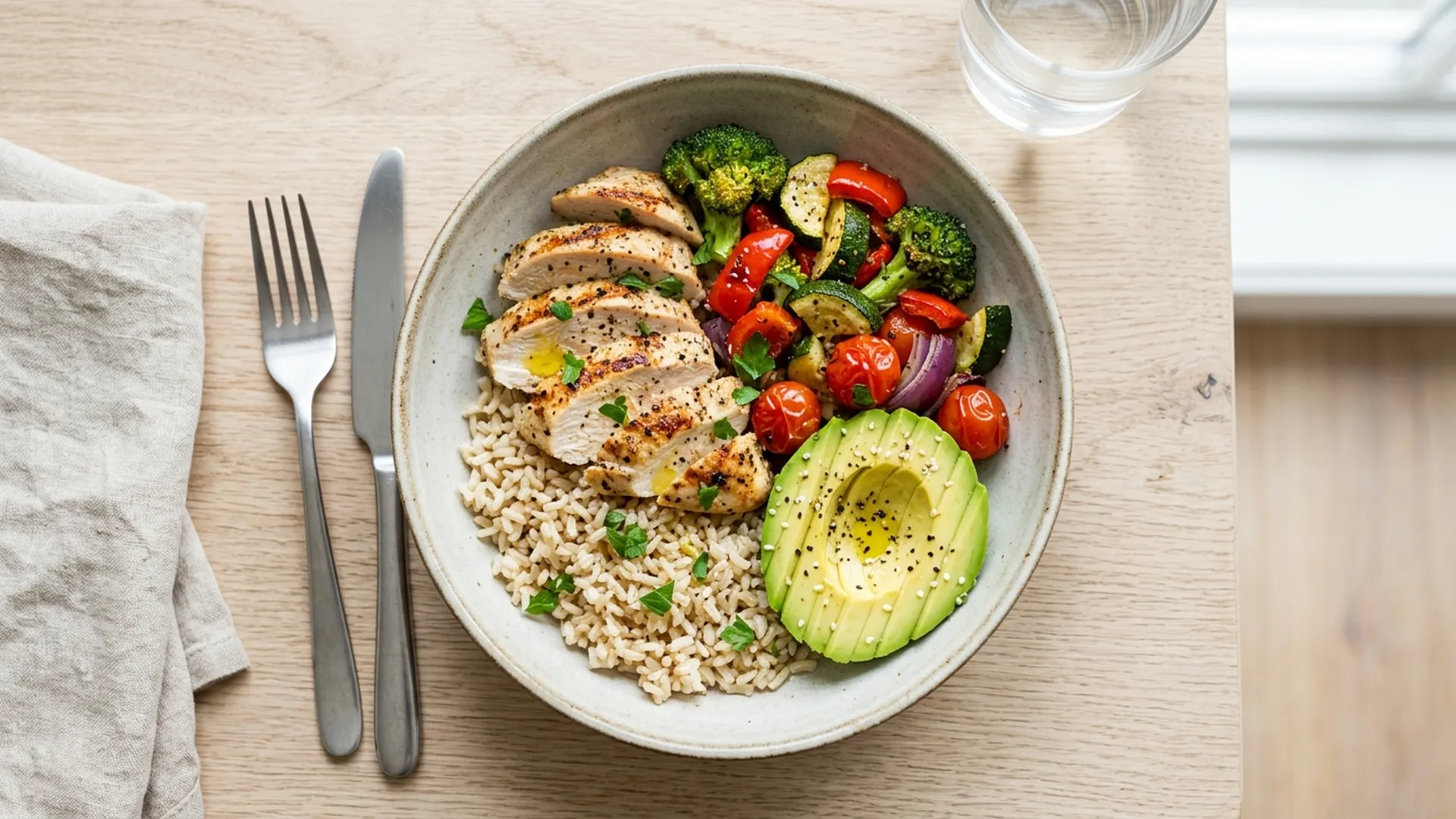 A plate divided with colorful vegetables, a portion of grilled chicken and brown rice on the side