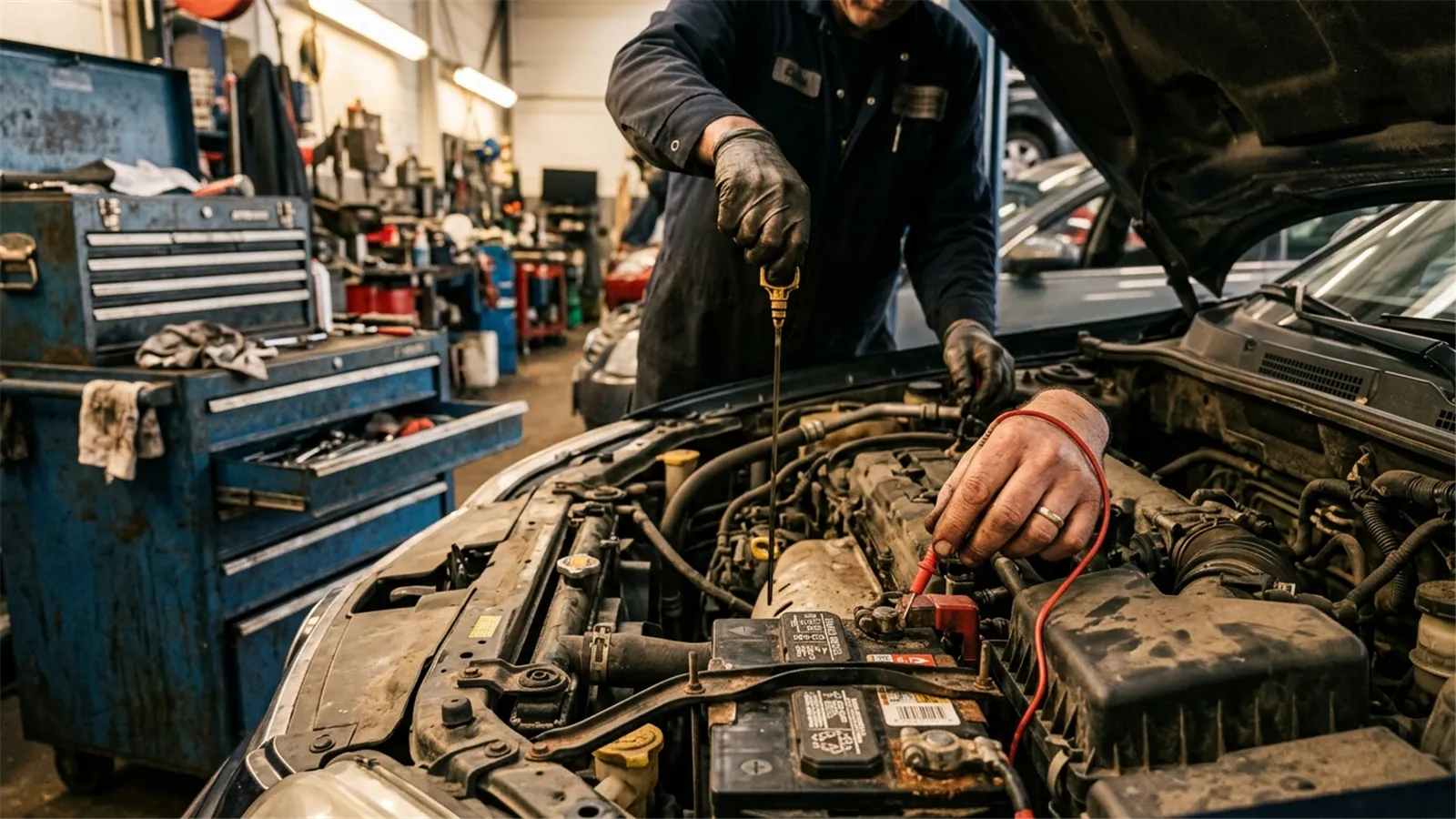 Person opening the hood of a car with a flashlight to check the oil level on the dipstick