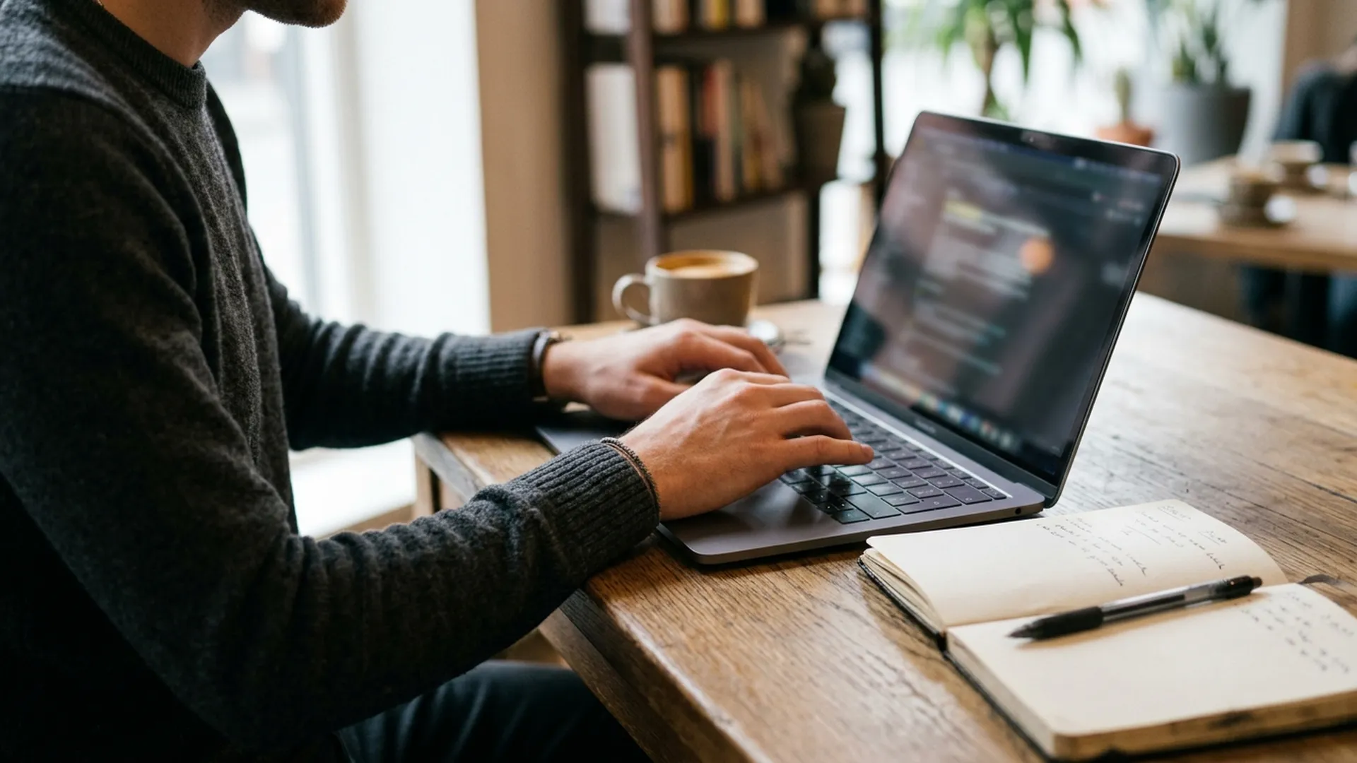 A person in a grey sweater types on a laptop at a wooden table, with a coffee mug and an open notebook beside them