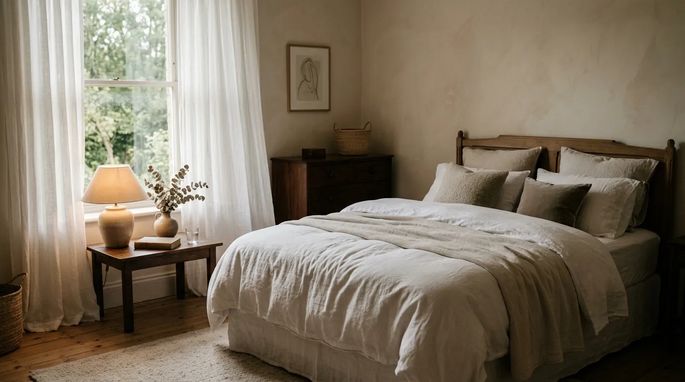 Cozy bedroom with white linen bedding and a beige throw, a wooden headboard, a window with a light curtain and green trees outside, and a bedside table with a lit lamp, a book and a glass of water
