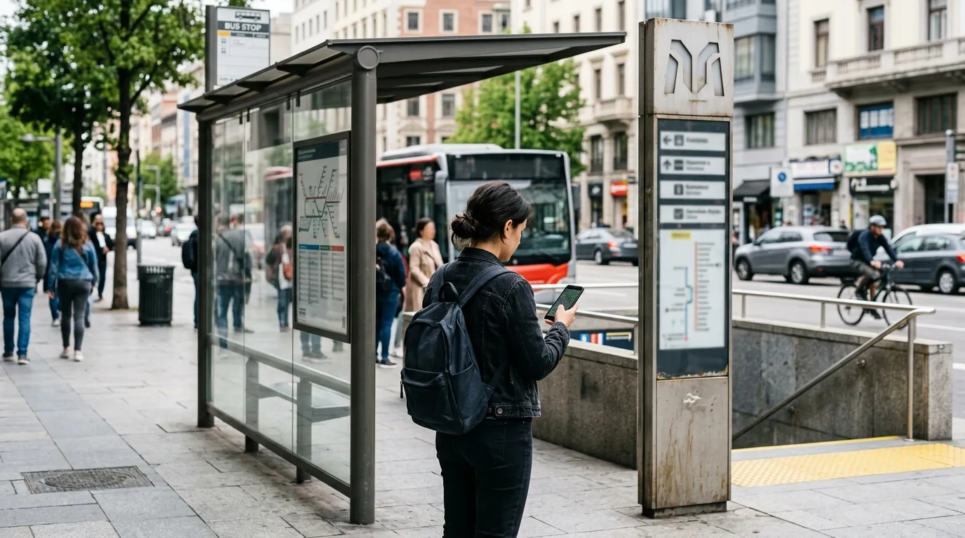 Traveler reading a public transport map inside a station in an unfamiliar city