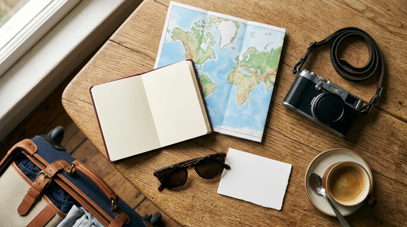 Wooden table with an open passport, world map, camera, sunglasses and a small suitcase while planning a trip