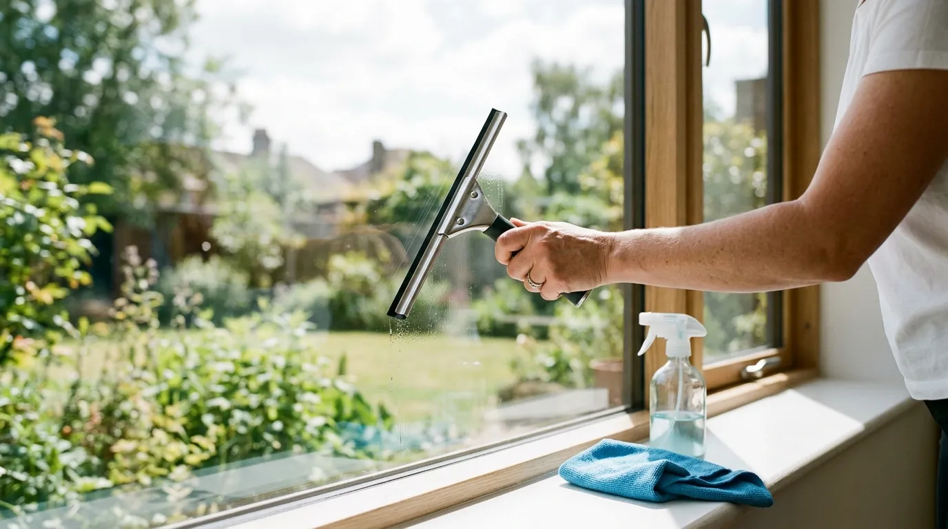 A person using a squeegee and microfiber cloth to clean a window without streaks