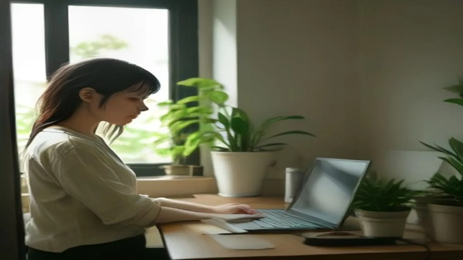 Person looking away from a computer toward a window to rest their eyes