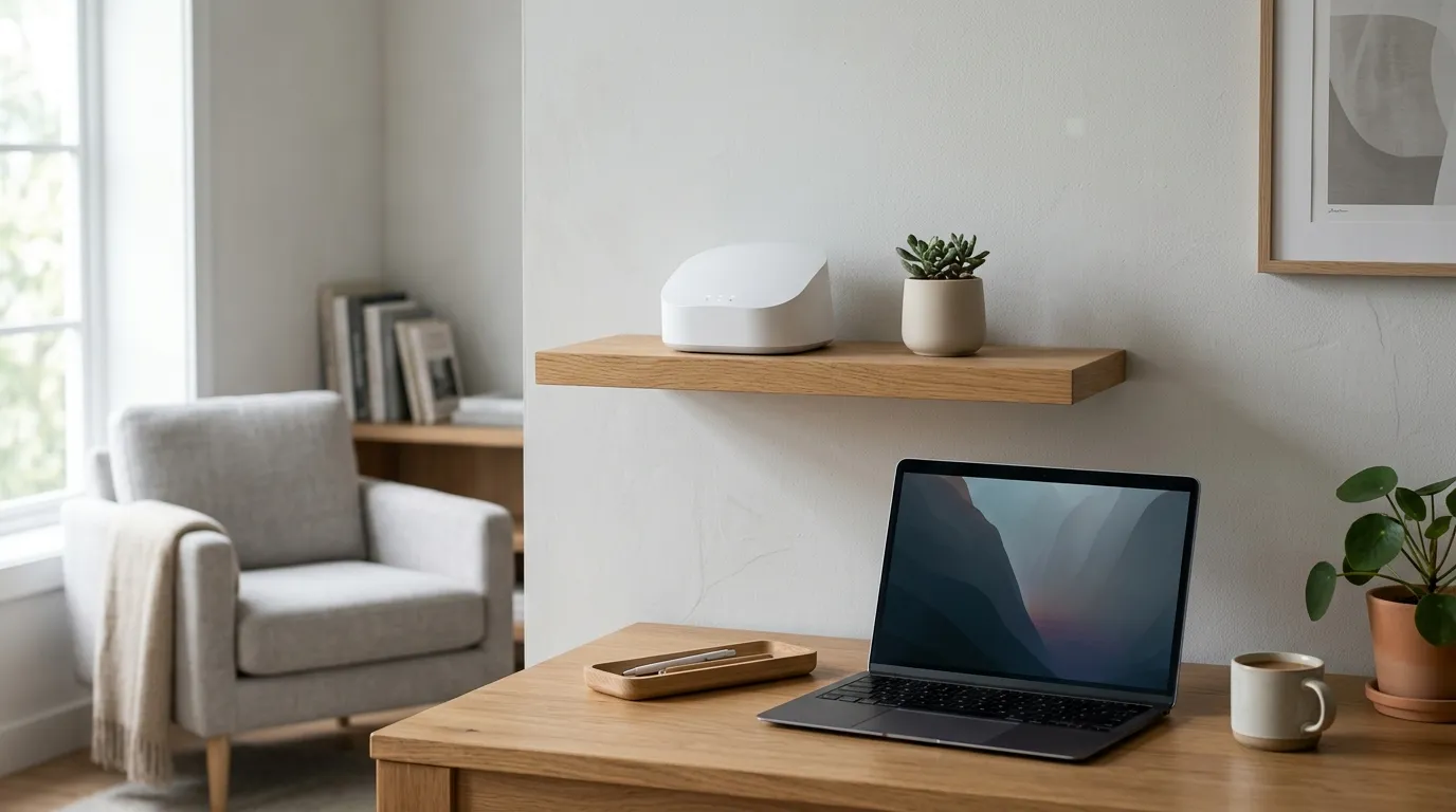 Wi-Fi router on a high shelf in a bright living room with its antennas raised